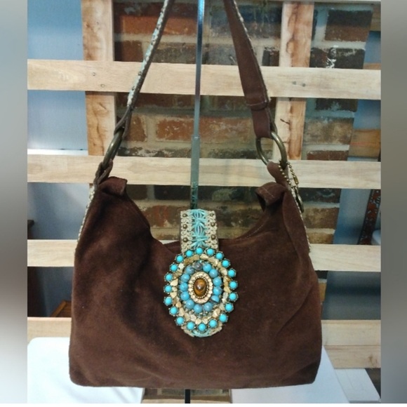 Leatherock Handbags - Leatherock, chocolate brown suede shoulder bag with blue stones/gems clasp